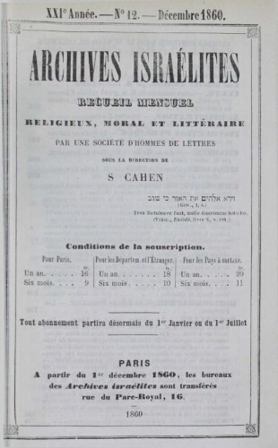 Archives israélites de France. Vol.21 N°12 (déc. 1860)